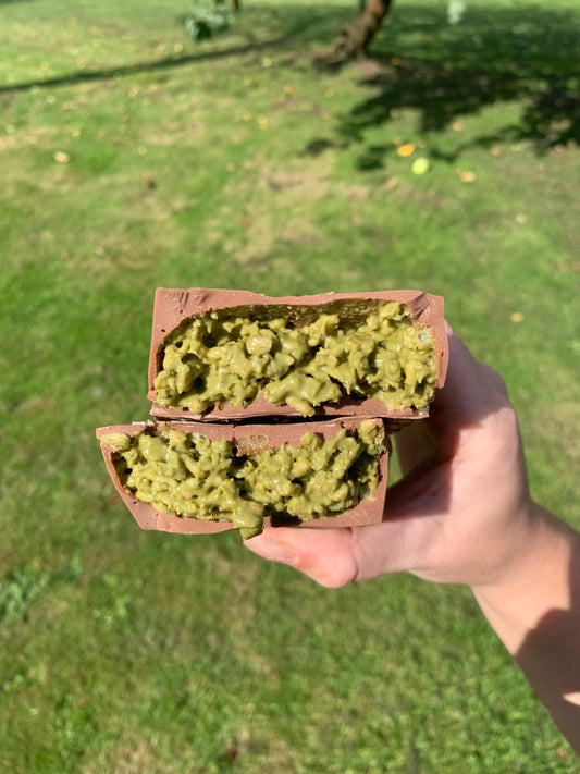 The Pistachio Crunch Filled Handmade Milk Chocolate Bar